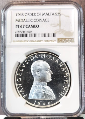 1968 ORDER OF MALTA SILVER 2 SCUDI MALTESE CROSS NGC PF 67 CAMEO RARE BEAUTY