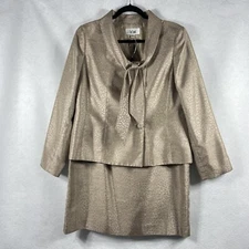 Le Suit 2PC Skirt Suit Women’s 14 Champagne Blazer Button Leopard Prints Shiny