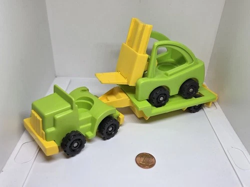 Vintage Fisher Price little people green/yellow semi truck & trailer & forklift