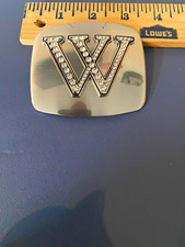 Metal Western Belt Buckle-Rhinestone "W" Square Silver Tone-Fits 1.5" belt
