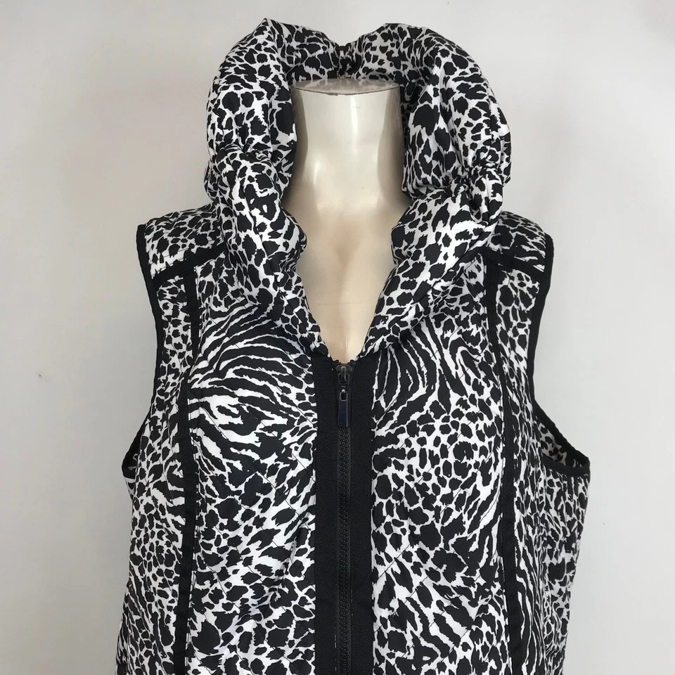 Chaleco acolchado Laura Ashley para mujer 2X con capucha negro blanco estampado animal cremallera frontal Foto 2 de 4