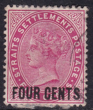 Straits Settlements 1892 Victoria 4c Overprint Fine Used SG 109 VGC