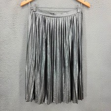 AQUA Womens Metallic Silver Pleated Midi Skirt Elastic Waist Size S Made in USA