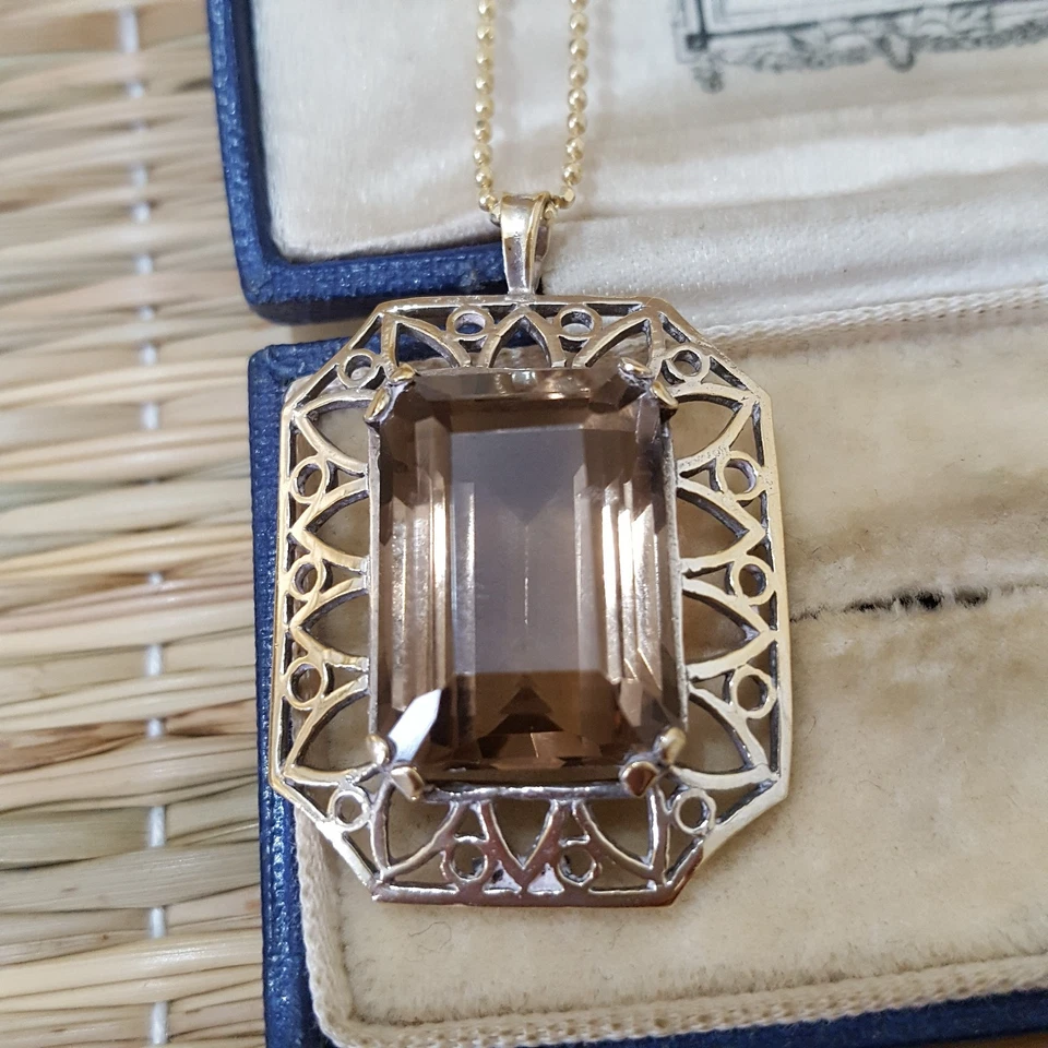 Collar vintage de plata de ley 925, colgante de cuarzo ahumado grande natural, oro Foto 2 de 4