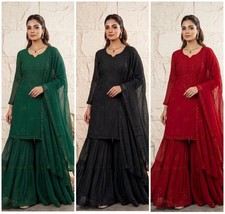 Designer Georgette Sharara Suit Set Embroidered Party Wedding Wear Kurta Dupatta