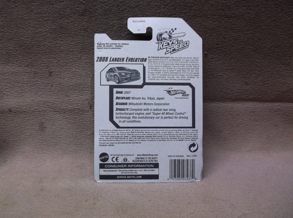 HOT WHEELS 2010 #91 GREEN 2008 MITSUBISHI LANCER EVOLUTION JDM KEYS TO SPEED - Image 3 of 3