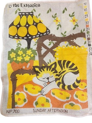 Vtg Needlepoint Kit 70s Yellow Orange Sleeping Cat On Chair Lamp