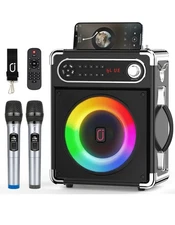 JYX Karaoke Machine Two Wireless Microphones Portable Bluetooth Speaker w/ Bass