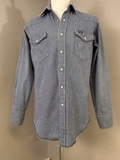 Vintage Wrangler X Long Tail Western Denim Striped Shirt Pearl Snap Sz M USA