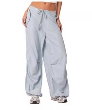 Edikted Rian Oversized Low Rise Light Blue Nylon Cargo Pants