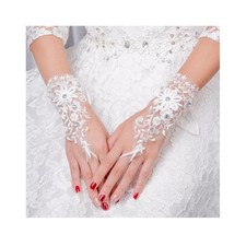 Satin  Lace Bridal Gloves Floral Embroidered White Gloves studded with glitteri