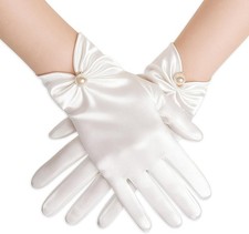 Women's Wrist Length Satin Opera Gloves Pearl Trim Wedding Bridal Formal Evening