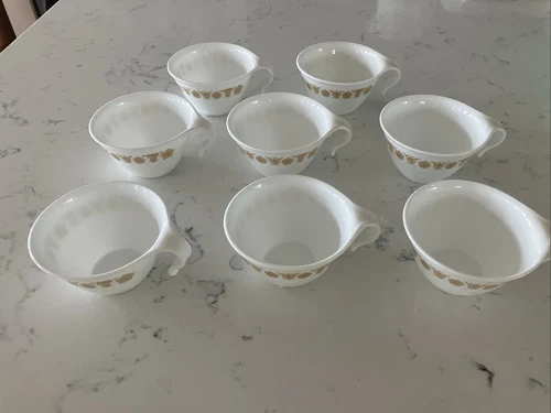 Set Of 8 Vintage Corelle Butterfly Gold Coffee Tea Cups with Hook Handles