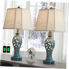 25'' Farmhouse Table Lamps Set of 2 for Living Room Bedroom, 2 USB Ports Blue