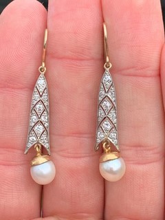 18ct gold platinum diamond cultured pearl earrings art deco 1920s 6 grams