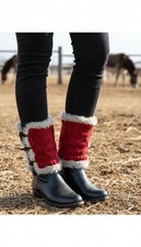 Women Boot Cover Topper Pair Warmer Winter Red Fabric Slip On White Muffs 2PCS