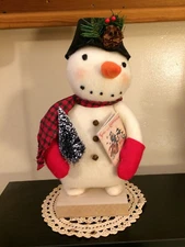 Primitive SNOWMAN DOLL on Base - Tree & Song Book - Handmade - Standing 13"