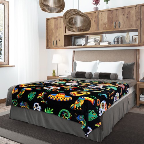 Sugar Skull Fiesta 50x60in Soft Plush Throw Blanket Day of Dead Bedroom Blanket - Picture 6 of 7