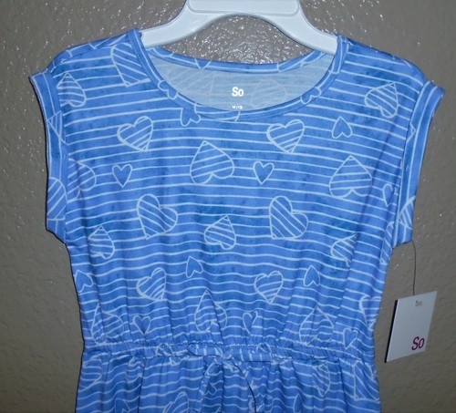 So Roll Cuff Tie Waist Dress GIRLS MEDIUM -10 BLUE WHITE STRIPES & HEARTS NWT - Picture 4 of 12