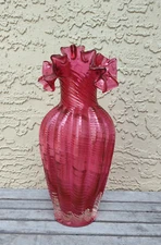 Fenton Art Glass Cranberry Pink Spiral Ruffled Edge 11'' Vase Free Shipping