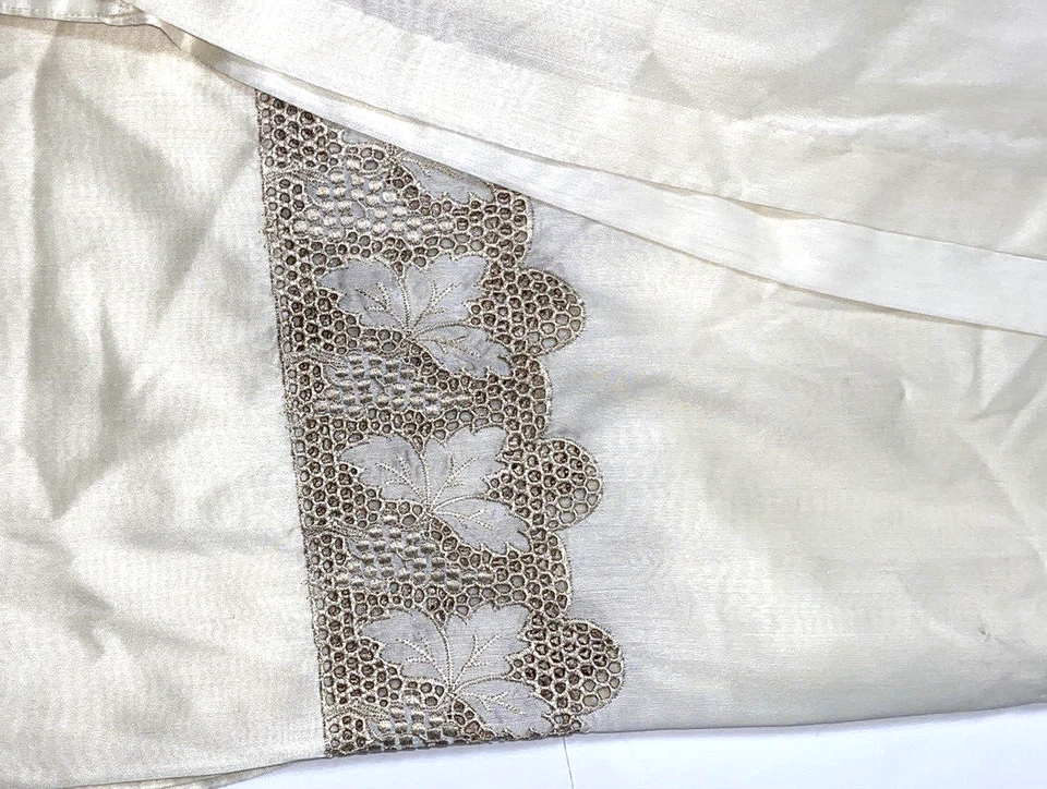 2 Vintage Pinch Pleat Ivory Drapes Panels Curtains 87 Long Off White Lace Border - Image 4 of 4