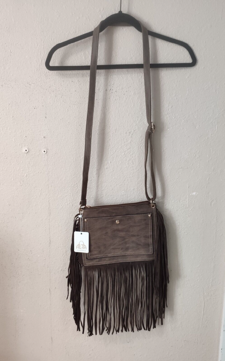 Alfa Brown Fringe Bag Purse 10x8 Pockets Zip Closure 10