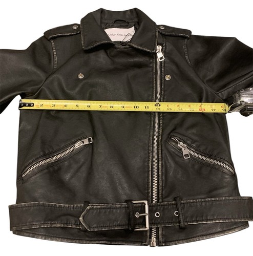NWT Calvin Klein Distressed Faux Leather Motorcycle Biker Belted Jacket Zip SML - Picture 23 of 24