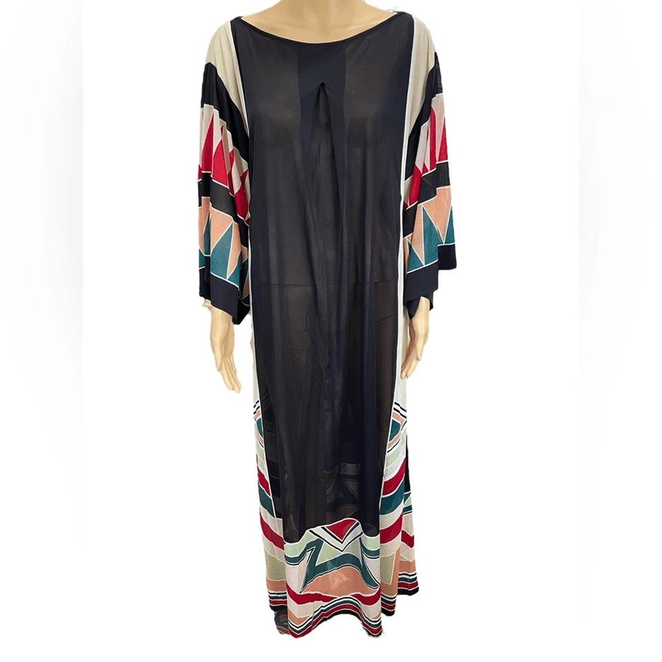 Vestido de Lujo Gottex Vintage Años 70 Transparente Hippie Geométrico Psicodélico Manga Campana Foto 2 de 4