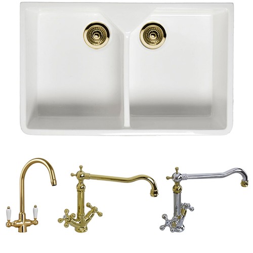 Astini Belfast 800 2.0 Bowl White Ceramic Kitchen Sink & Gold Waste eBay