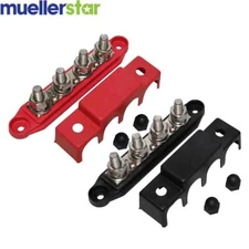 Pair Red & Black 3/8" 4 Stud Power Distribution Block Busbar With Cover M10