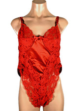 VTG Red Lace Teddi High Cut Snap Teddy Romper Bodysuit Lingerie 90s L USA MADE