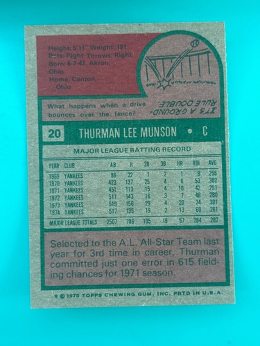 Topps 1975 Thurman Munson #20 - Picture 2 of 2