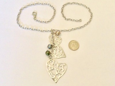 NWOT ~ Italy ~ STERLING SILVER ~ Heart ~ FW Pearl ~ 4  Dangle ~ 17.5  Necklace 
