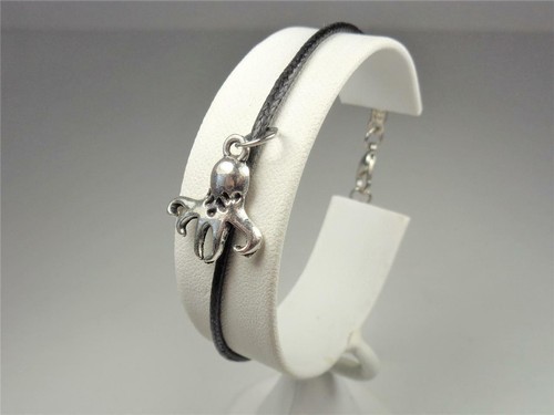 BEACH FASHION NAUTICAL SILVER TONE OCTOPUS VIN & SUE BLACK LEATHER CORD BRACELET - Picture 5 of 5