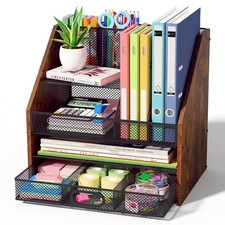 Wooden Desk Organizer - Mesh File Organizer with Drawers and Pen Holder - 4-T...