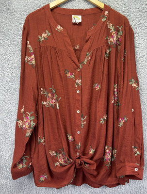 Fig & Flower 2X Rust Floral Embroidered Tunic Top Boho Tie Neck Peasant Blouse