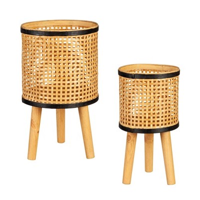 23'' Wood, Woven Bamboo and Plywood Planter with Legs, Set of 2