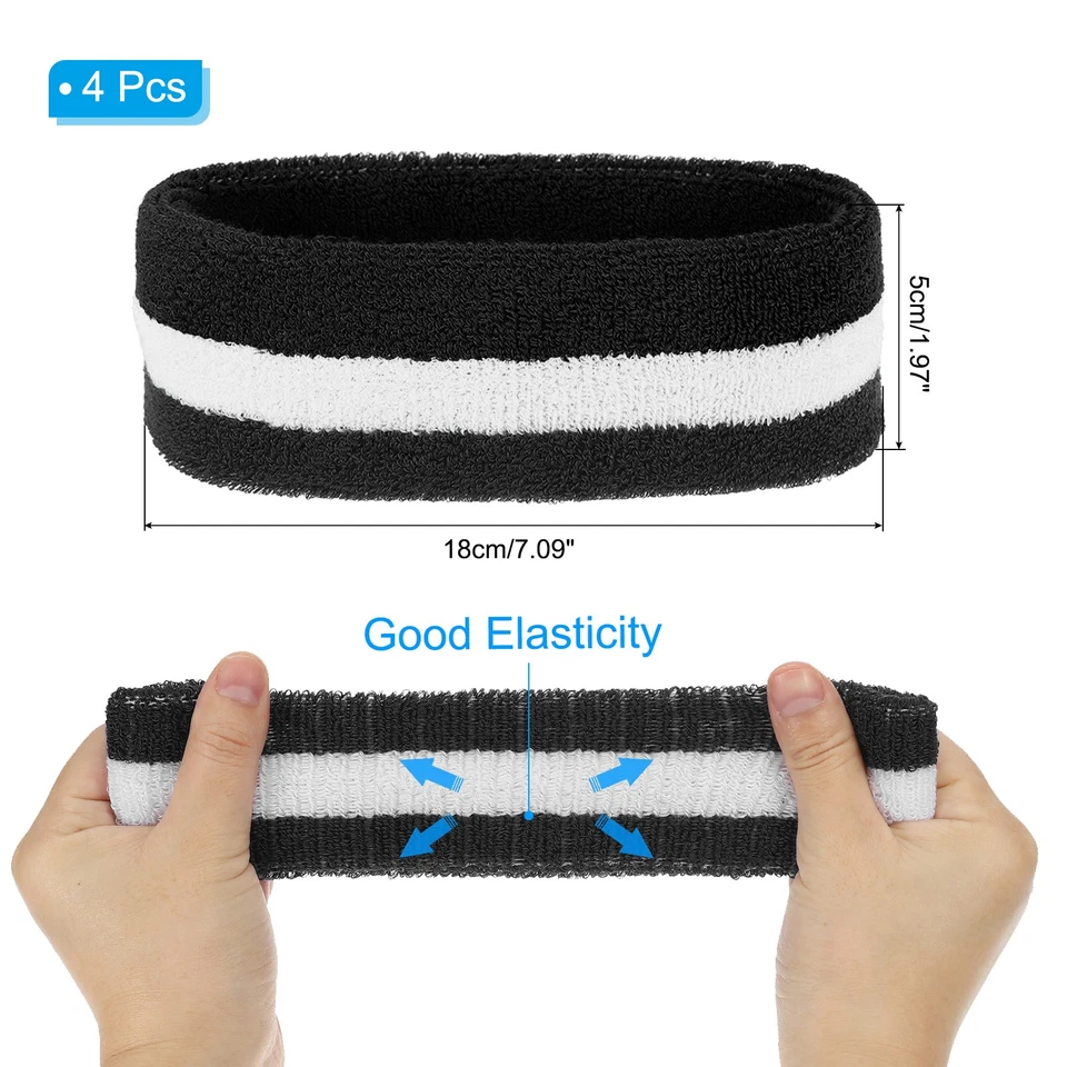 4 Pcs Sweatband Headbands Terry Cloth for Women Men Sports Black White Foto 2 de 4