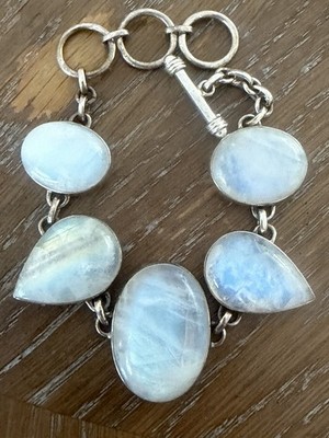 Colorful Bracelet Sterling Silver Signed Sj 925 Blue Moonstone 52.3g