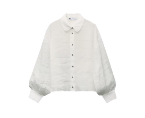 ZARA weiße halbtransparente Bluse mit Schmucksteinen und Knopfleiste und Ballonärmeln Damen Oberteil XL