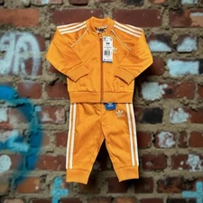 Adidas Infants SST Tracksuit Orange 3 Stripe 2 Piece Toddler Baby Size 9M