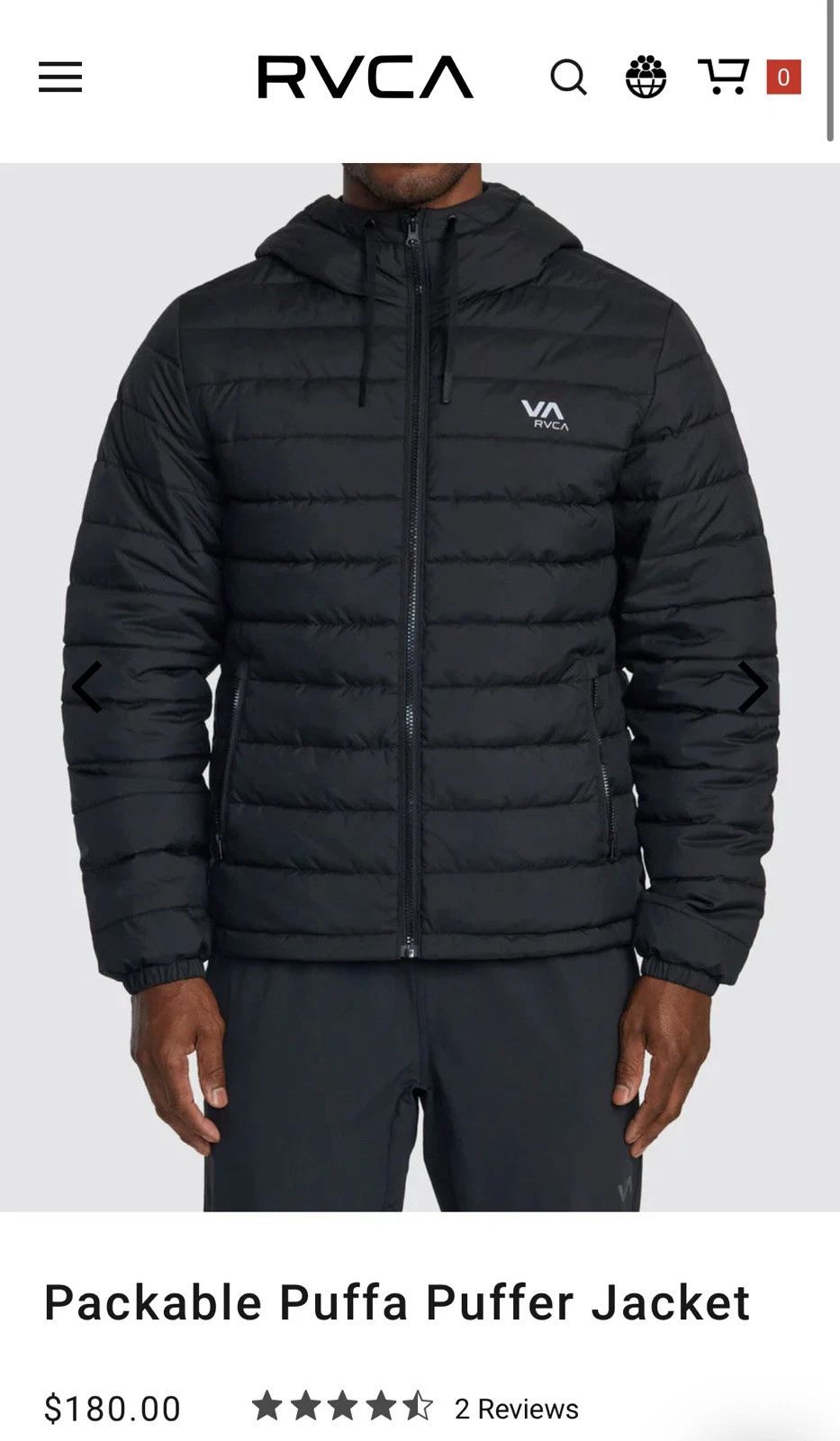 RVCA Medium Packable Puffa Hooded Jacket - Black