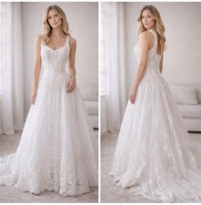 Vintage Mary  s White Beaded Lace Corset Tulle Wedding Gown Long Train Sz 8/10