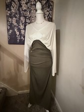 SHEIN White Olive Green Ruched Maxi Dress Long Sleeve Size M