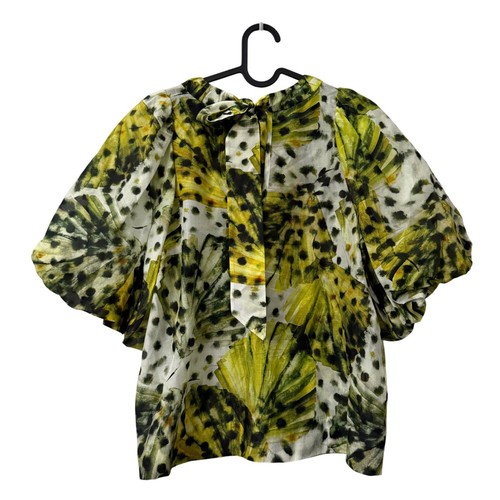 Marie Oliver Green Botanical Watercolor Silk Blend Tie Back Blouse Womens Small - Picture 7 of 7