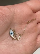 14k solid yellow gold mother of pearl light blue evil eye bracelet new
