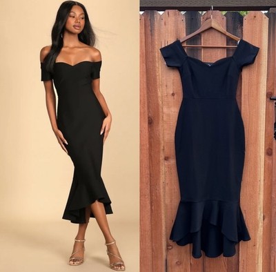 LULUS How Much I Care Black Off The Shoulder Midi Dress Size SMALL 