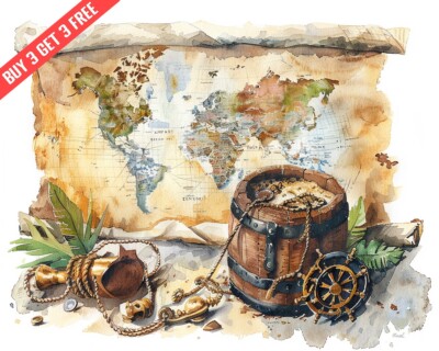 Fantasy Treasure map and pirate items 8x10 Print