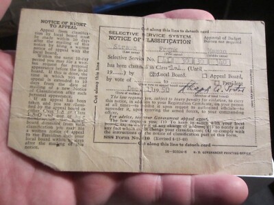 1950 U.S. SELECTIVE SERVICE NOTICE OF CLASSIFICATION CERTIFICATE  BBA-50