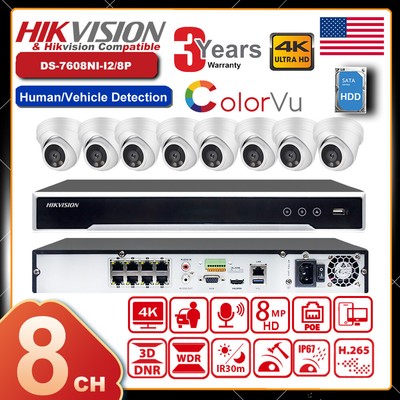hot Hikvision 8CH 8PoE NVR 4K 8MP Security IP Camera MIC Colorvu CCTV System Lot